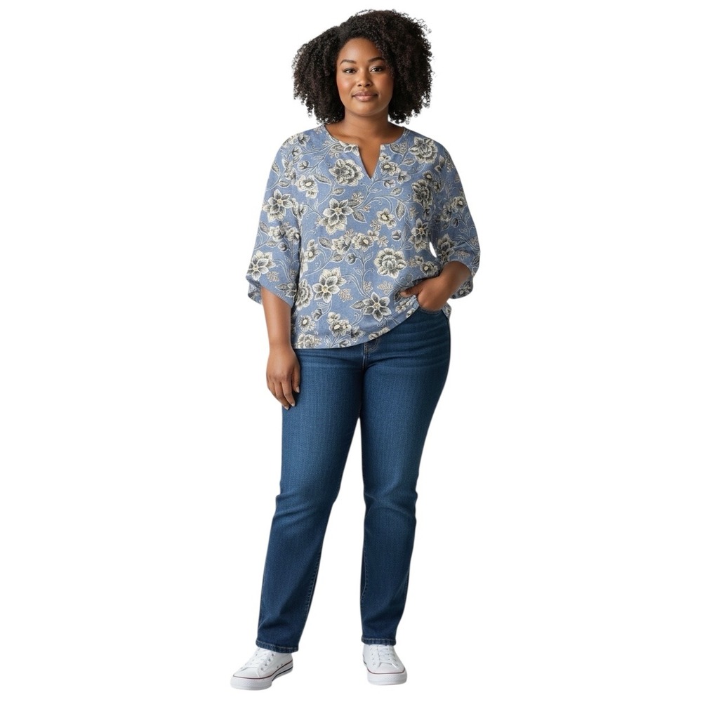 J Jill Love 100% Linen Blue Floral V Neck‎ 3/4 Sleeve Top Size Medium NWT